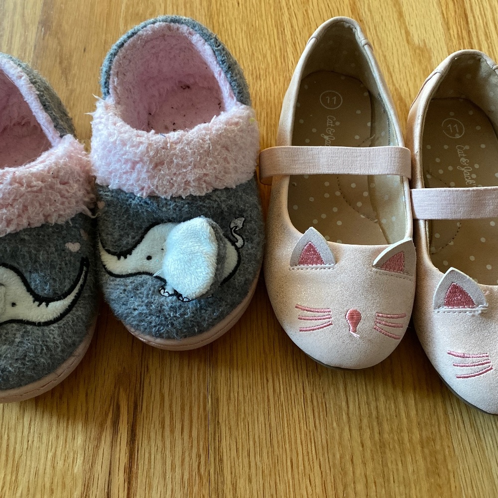 Pink kitty shoes SS 11 and elephant slippers sz 9/10